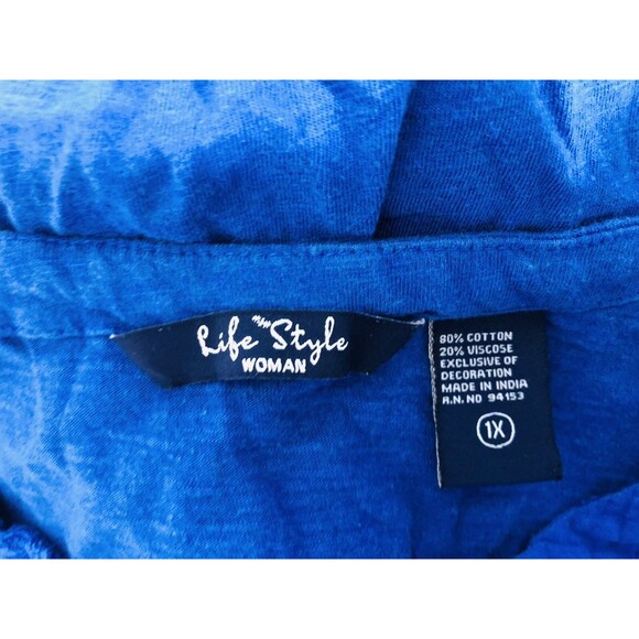 Life Style Woman Knit Top Blouse Plus Size 1X Blue Embroidered Floral Shirt - Picture 8 of 9